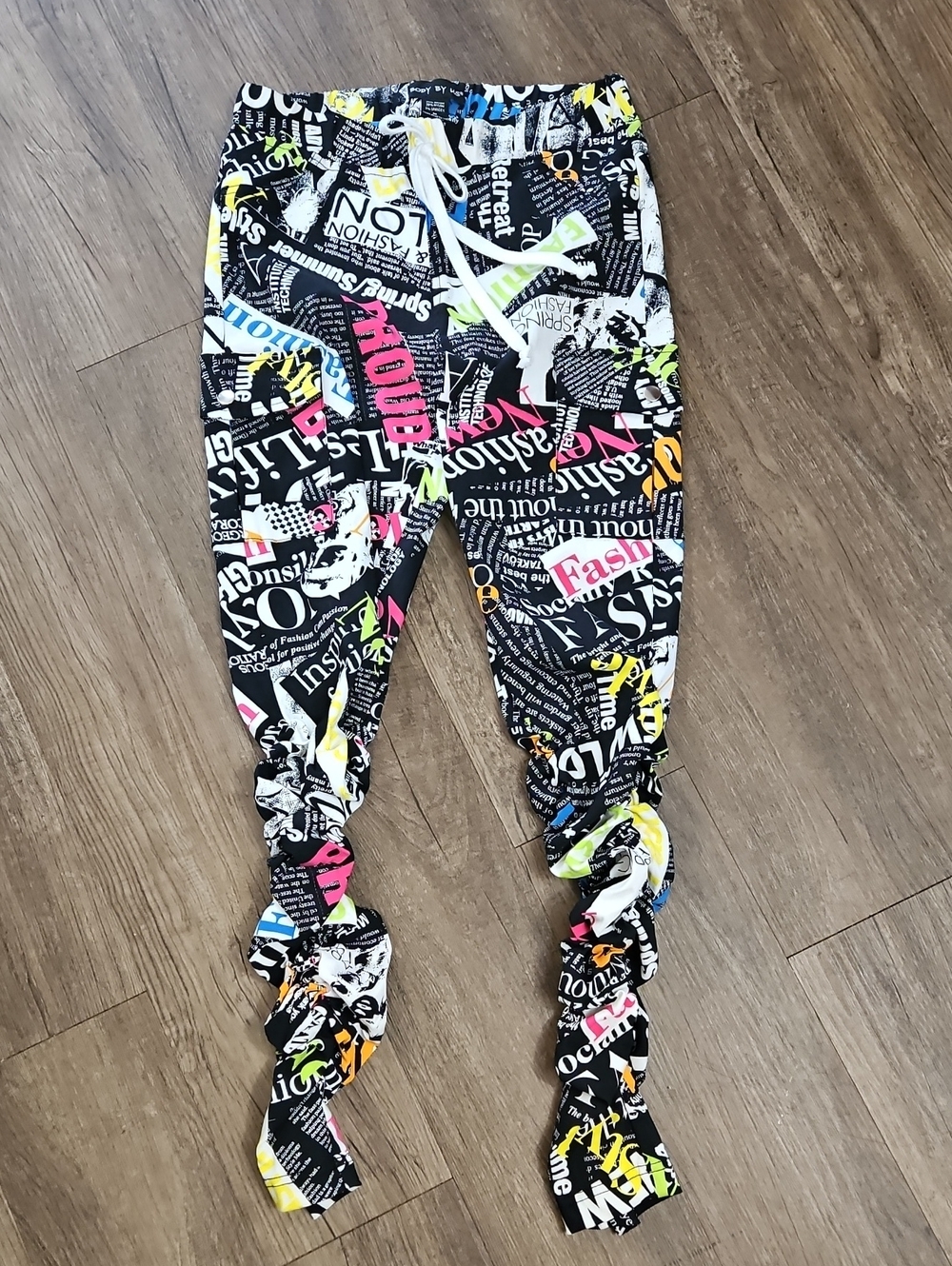 Body By Us, Retro,Y2K, Rave, Ruched, Stacked, Jogger, Newspaper Print, Pop Art,